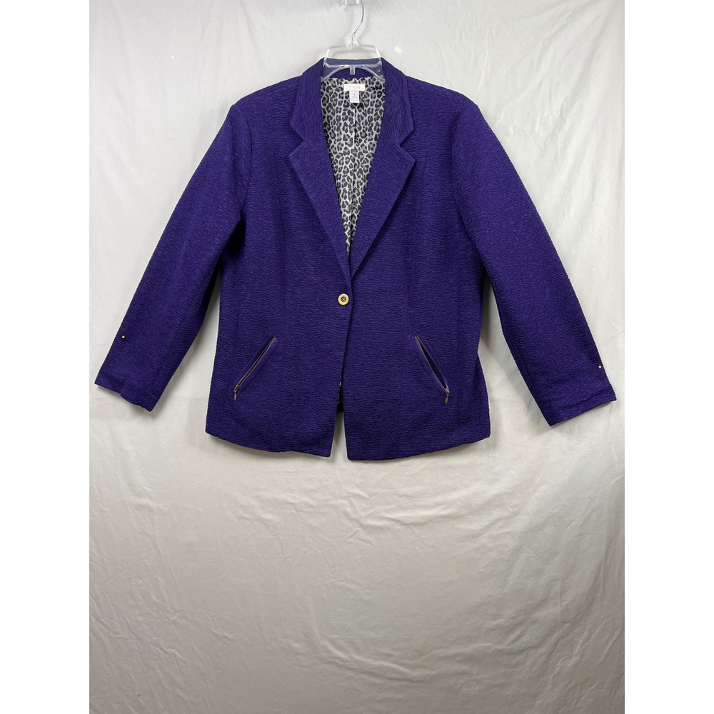 Chico's Textured Blazer Women Size 3 US XL Purple Leopard Lining Zip Pockets